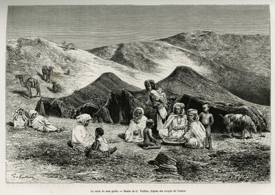 Oppaani nezla (sukulainen). G. Vuillierin kaiverrus havainnollistamaan Algerian Saharaa, V. Largeau, vuosina 1874-1878, julkaistu Tour du mondessa, Edouard Chartonin (1807-1890) johdolla tekijältä Gaston Vuillier