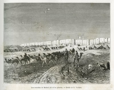 Meshed Alin (Ali Ibn Abi Talib, kuoli vuonna 661, Muhammedin serkku, opetuslapsi ja vävy (570-632)) seinät sijaitsevat Najafin moskeijassa (Irak) ja pelerinit kokoontuvat juhlimaan ensimmäistä ja kaikkien imaamien isä. Kaiverrus G.Vuillier, il tekijältä Gaston Vuillier