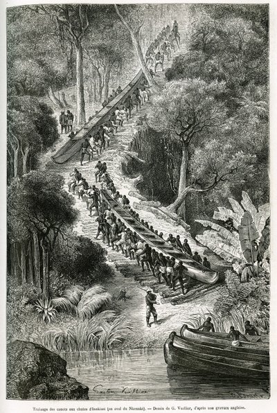 Tragging kanootit Innkissi Fallsissa (tai Livingstone Fallsissa) (Kongo), Sir H.M.Stanleyn (1841-1904) johdolla, piirtänyt G.Vuillier havainnollistamaan tarinaa "Through the Mysterious Continent", vuoden 1874 välisenä aikana tehty matka -1877, kirjoittanut tekijältä Gaston Vuillier