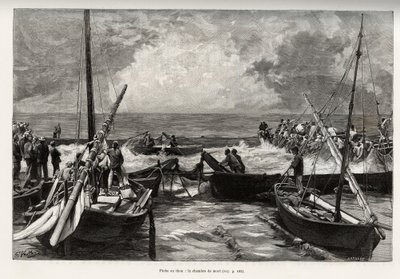 Tonnikalanpyynti (mattanza): kuolinkammio, tonnikalapuristimia ahtaassa tilassa peittävät kalastajien harppuunat. Kaiverrus ja tarina "" La Sardaigne" - kirjoittanut Gaston Vuillier (1845-1915), vuonna 1890, Le tour du monde, nouveau journal des voyages, a tekijältä Gaston Vuillier