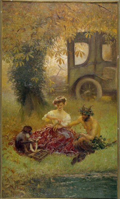 Nuori nainen apinan avustamana parantaa villieläimiä (maalaus) tekijältä Gaston de la Touche