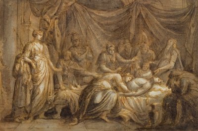 Andromache Mourning the Death of Hector, 1760-63 (kynä ja muste ja pesu paperille) tekijältä Gavin Hamilton