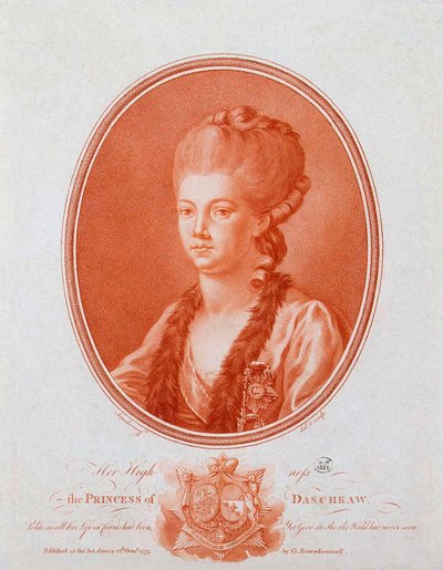 Prinsessa Jekaterina Romanovna Vorontsova-Daškovan muotokuva 1743-1810, 1777. tekijältä Gavriil Ivanovich Skorodumov