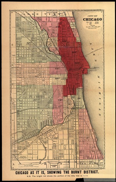 Chicago sellaisena kuin se on, Showing the Burnt District, Edgar Johnson Goodspeedin teoksesta Historia of the Great Fires in Chicago and the West, julkaistu Chicago, 1871 (käsinvärinen litho) tekijältä Gaylord Watson