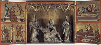Alttaritaulu, joka kuvaa valituslaulua ja Kristuksen kärsimystä (Pyhän Elizabeth Thüringenin alttari) n. 1410 (tempera paneelissa ja kalkkikivessä) tekijältä Gdansk School