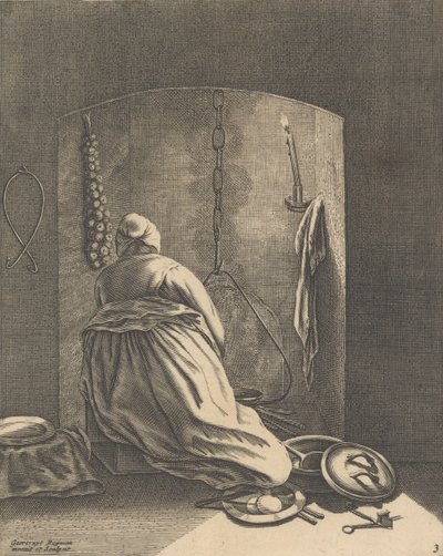 Nainen kokkaamassa, lautanen 3 viidestä naisellisesta ammatista, n. 1640-57, n. 1640-57. tekijältä Geertruydt Roghman