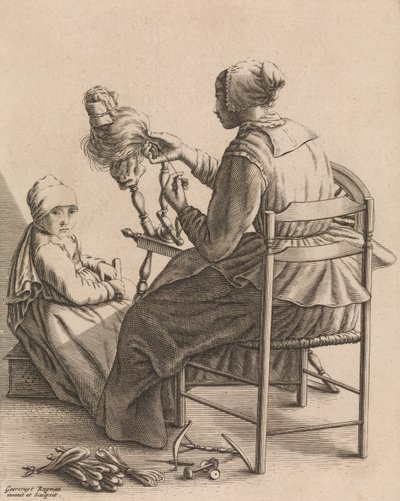 A Woman Spinning, levy 4 viidestä naisellisesta ammatista, n. 1640-57. tekijältä Geertruydt Roghman