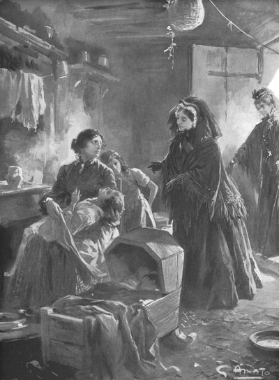"Kuningatar Victoria ja köyhät: Hänen Majesteettinsa vierailemassa mökkikodissa", 1901. tekijältä Gennaro Amato