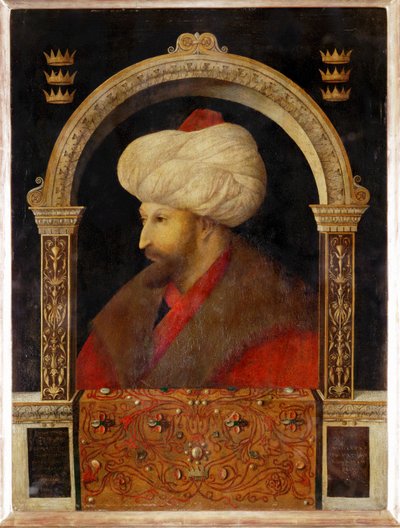 Sulttaani Mehmet II Fahti, Konstantinopolin valloittaja, Konstantinopolin valloituksen sulttaani ... (öljy kankaalle) tekijältä Gentile Bellini