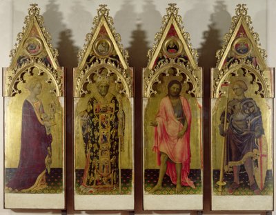 Neljä pyhää Quaratesi-polyptyykistä: Maria Magdalena, Pyhä Nikolaus, Pyhä Johannes Kastaja ja Pyhä Yrjö, 1425 (tempera paneelissa) (katso yksityiskohdat 85683 ja 85684) tekijältä Gentile da Fabriano