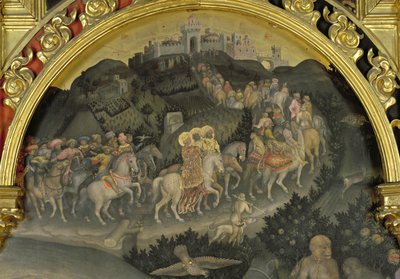 Maagien palvominen yksityiskohta matkasta Jerusalemiin, 1423 tempera paneelille yksityiskohta kuvasta 29414 tekijältä Gentile da Fabriano