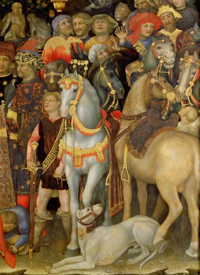 Maagien palvominen, yksityiskohta ratsastajista, hevosista ja koirasta, 1423 tempera paneelille kuvattuna. tekijältä Gentile da Fabriano