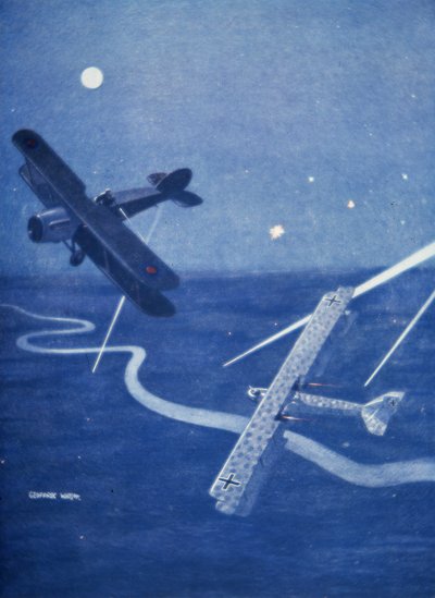 Un caça de Bristol ataca un bombarder alemany Gotha sobre Londres de nit (litografia en color) finlandès tekijältä Geoffrey Watson
