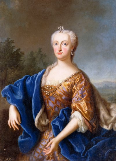 Muotokuva Maria Amaliasta, seisomassa kolme neljäsosaa, yllään kirjailtu puku (öljy kankaalle) tekijältä Georg (circle of) Desmarees