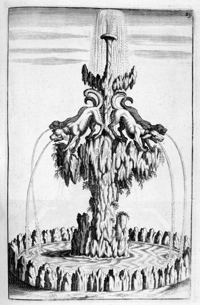 Koirakuvioinen suihkulähde, 1664 tekijältä Georg Andreas Bockler