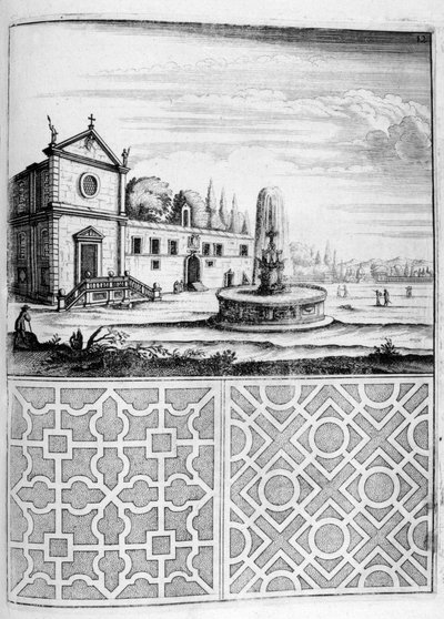 Talo, suihkulähde ja puutarhasuunnittelu, 1664 tekijältä Georg Andreas Bockler