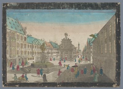 Gezicht op de wijnmarkt te Augsburg Viinimarkkinoiden mahdollisuus ylös Saltz Stadelia kohti S. Ulrichia Augspurgiin (otsikko esineessä) tekijältä Georg Balthasar Probst (possibly)