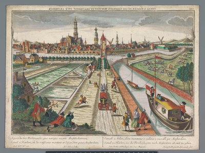 Näkymä Amsterdamin kanavalle Haarlemissa Canal zu Harlem, ke die Threckschuijten Amsterdamin jälkeen ab und zu gehen (otsikko esineessä) Haarlem (sarjan nimi) tekijältä Georg Balthasar Probst