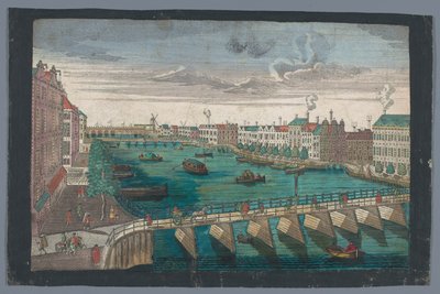 Näkymä Binnen-Amstelille Blauwbrugin ja Hogesluisin välillä Amsterdamissa Die Amstel von innen nach der blauen Brücke gegen der Wasser Schleuße zu Amsterdam (otsikko esineessä) tekijältä Georg Balthasar Probst