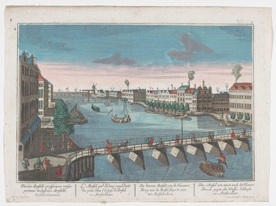 Näkymä Binnen-Amstelille Blauwbrugin ja Hogesluisin välillä Amsterdamissa Die Amstel von innen nach der blauen Brücke gegen der Wasser Schleuße zu Amsterdam (otsikko esineessä) Amsterdam (sarjan nimi) tekijältä Georg Balthasar Probst
