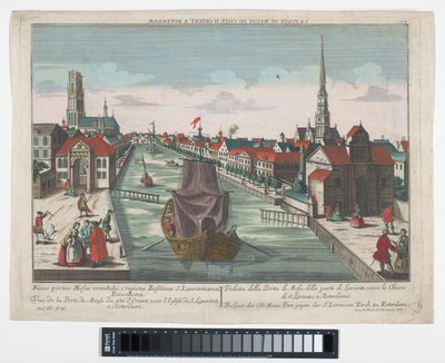 Näkymä Wester Oude Hoofdpoortille ja Ooster Oude Hoofdpoortille Rotterdamissa Prospect der Ost Maas Port, gegen der S.Lorenzen Kirch zu Roterdam (otsikko esineessä) Rotterdam (sarjan nimi) tekijältä Georg Balthasar Probst