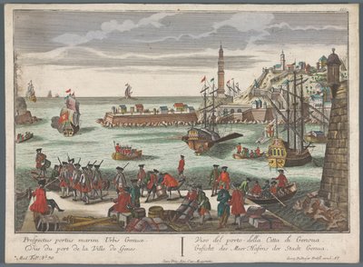 Näkymä Genovan satamaan Gesicht des Meer Hafens der Stadt Genoa (otsikko esineessä) Satamanäkymät (sarjan nimi) tekijältä Georg Balthasar Probst