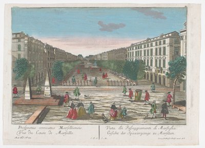 Näkymä kävelykadulle Marseillessa Näkymä kävelylenkeille Marseillessa (otsikko esineessä) Marseille (sarjan nimi) tekijältä Georg Balthasar Probst