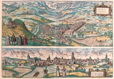 Bressanone, Italia - Lauingen, Donau, Saksa - Georg Braunin "Civitates Orbis Terrarum", Köln 1617. tekijältä Georg Braun
