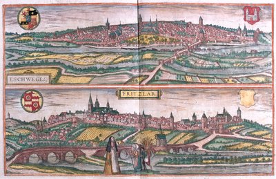 Eschwege ja Fritzlar, Saksa- Georg Braunin teoksessa "Civitates Orbis Terrarum", Köln 1617. tekijältä Georg Braun