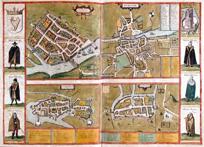 Galway, Dublin, Limerick ja Cork, Englanti - Georg Braunin "Civitates Orbis Terrarum", Köln 1617. tekijältä Georg Braun