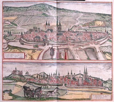 Halberstadt ja Quedlinburg, Saksa - Georg Braunin teoksessa "Civitates Orbis Terrarum", Köln 1617. tekijältä Georg Braun