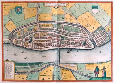 Kampen ja Ysel-joki, Alankomaat - Georg Braunin teoksessa "Civitates Orbis Terrarum", Köln 1617. tekijältä Georg Braun