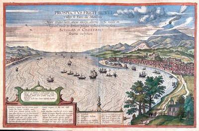 Messina (Pharo) - Scilla ja Cariddi, Sisilia, Italia - teoksessa "Civitates Orbis Terrarum", Georg Braun, Köln 1617. tekijältä Georg Braun