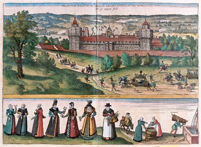 Nonsuch (palatsi Surreyssä), Englanti - Georg Braunin teoksessa "Civitates Orbis Terrarum", Köln 1617. tekijältä Georg Braun
