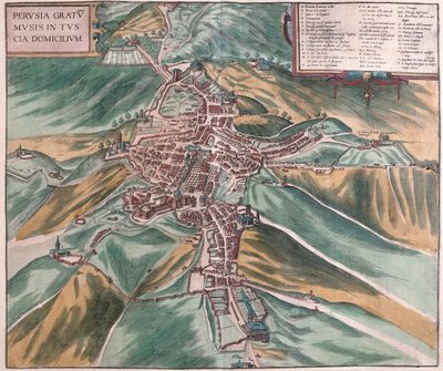 Perugia, Italia - teoksessa "Civitates Orbis Terrarum", Georg Braun, Köln 1617. tekijältä Georg Braun