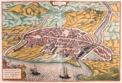 Rimini, Italia - Georg Braunin teoksessa "Civitates Orbis Terrarum", Köln 1617. tekijältä Georg Braun