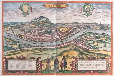 Salzburg, Saksa - Georg Braunin teoksessa "Civitates Orbis Terrarum", Köln 1617. tekijältä Georg Braun