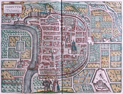 Trento, Italia - Georg Braunin teoksessa "Civitates Orbis Terrarum", Köln 1617. tekijältä Georg Braun