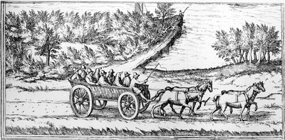Linja-auto matkustajien kanssa Ranskassa, yksityiskohta kartasta, 1500-luvun loppu tekijältä Georg Braun und Franz Hogenberg