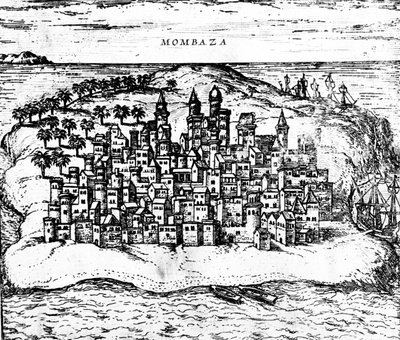 Näkymä Mombazasta, Georg Brauns Civitates orbis terrarum, julkaistu vuonna 1572, kaiverrus yksityiskohta numerosta 483404 tekijältä Georg Braun und Franz Hogenberg