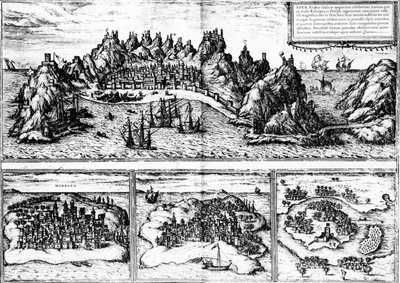 Näkymiä Adeniin, Mombazaan, Quiloaan ja Cefalaan Georg Braunin vuonna 1572 julkaistusta Civitates orbis terrarumista tekijältä Georg Braun und Franz Hogenberg