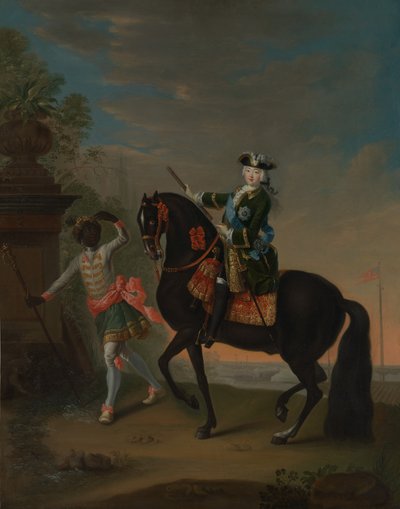 Venäjän keisarinna Elisabet 1709-1762 hevosen selässä, mukana sivu, 1743-49 jälkeen. tekijältä Georg Cristoph Grooth