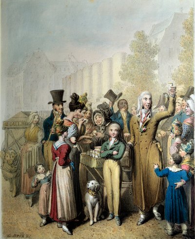 Boulevard de la Madeleine, George Emanuel Opitzin (1775-1841) Charlatan Litografia 1831 Pariisi. Karnevaalimuseo tekijältä Georg Emanuel Opitz