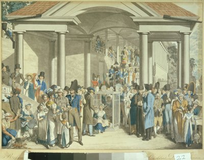 Terveysyhteisö Karlsbaderin suihkulähteellä, 1810 (akvatintapiirros) tekijältä Georg Emanuel Opitz