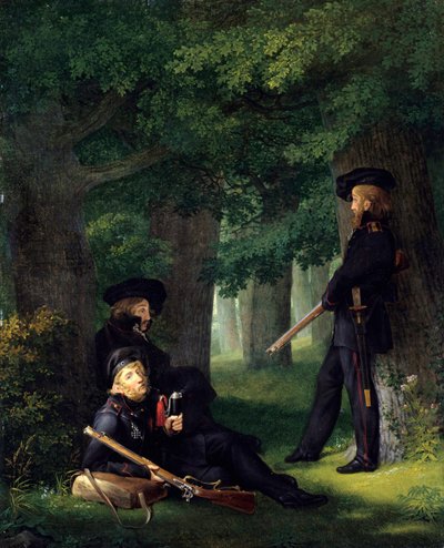 "" Avant-Poste "" (Outpost Duty) (Theodor Koernerin (1791-1813, preussilainen runoilija ja sotilasmies), Karl Friedrich Friesenin (1784-1814, kouluttaja ja ranskalainen ampuja) ja Heinrich Hartmannin muotokuvat) Georg Friedrichin maalaus Kersting (1785-184 tekijältä Georg Friedrich Kersting