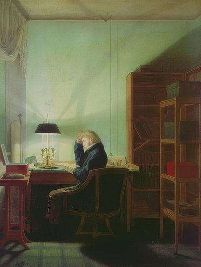 Lukeminen lampun valossa. 1814 tekijältä Georg Friedrich Kersting