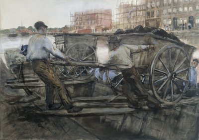 Työntekijät vetävät raskaasti kuormattuja kärryjä Jacob van Lennepkadella, Amsterdam, 1900. tekijältä George Hendrik Breitner