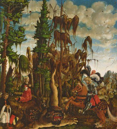 Pyhä Yrjö pelastamassa prinsessaa lohikäärmeeltä, 1520 tekijältä Georg Lemberger