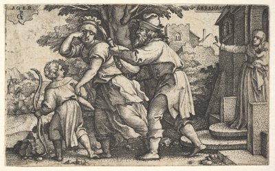 Abraham lähettää pois Hagarin ja Ismaelin: Abraham pitää esille astiaa kuten Hagar ja Ism..., n. 1543. tekijältä Georg Pencz