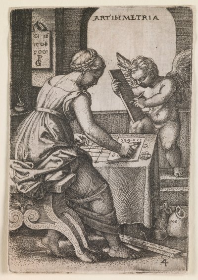 Arithmetria, sarjasta "Vapaat taidot", noin 1541 (kaiverrus). tekijältä Georg Pencz